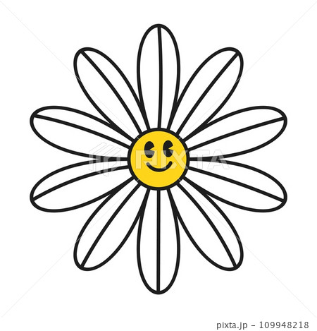 Groovy daisy flowers face collection. Retro chamomile smiles in cartoon style. Happy stickers set from 70s. Vector graphic illustration 109948218