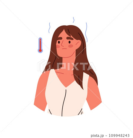 Sick Person Character Set. Woman with influenza and flu symptoms. Characters with fever, headache, and cold. Flat illustrations isolated on white background. Sick Person Character Set. Woman with influenza and flu symptoms. Characters with fever, headache, and cold. Flat illustrations isolated on white background. 109948243