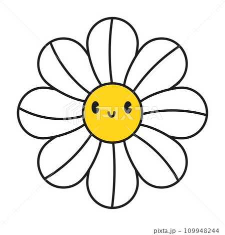Groovy daisy flowers face collection. Retro chamomile smiles in cartoon style. Happy stickers set from 70s. Vector graphic illustration Groovy daisy flowers face collection. Retro chamomile smiles in cartoon style. Happy stickers set from 70s. Vector graphic illustration 109948244