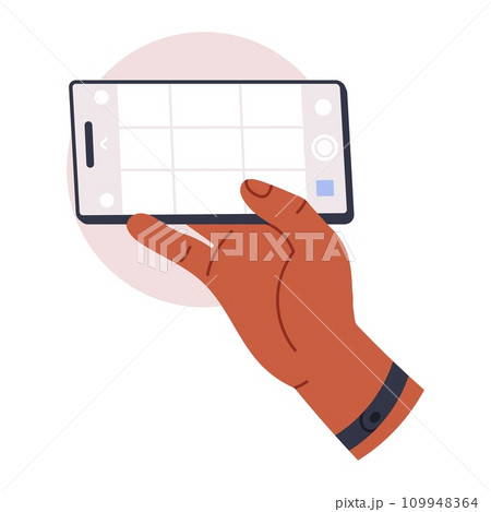 hands holding phone. Scrolling smartphone, app mail, application photo. cellphone camera. Flat vector illustration 109948364