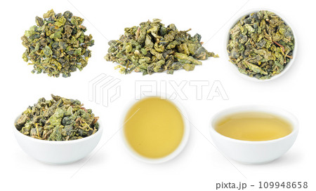 collection of loose leaves and bowls of brewed Chinese tea isolated on white background collection of loose leaves and bowls of brewed Chinese tea isolated on white background 109948658
