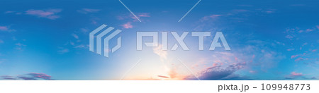 Bright sunset sky panorama with glowing red pink Cumulus clouds. HDR 360 seamless spherical panorama. Sky dome or zenith in 3D, sky replacement for aerial drone panoramas. Climate and weather change. Bright sunset sky panorama with glowing red pink Cumulus clouds. HDR 360 seamless spherical panorama. Sky dome or zenith in 3D, sky replacement for aerial drone panoramas. Climate and weather change. 109948773