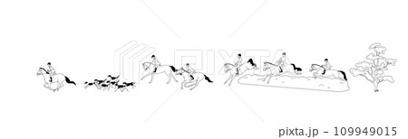 Black and white vector illustration of a fox hunt 109949015