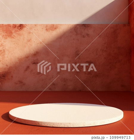 赤い背景と床に白い円柱の展示台があるモダンな抽象正方形テンプレート。AI生成画像 109949713