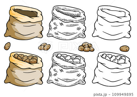 Sack of potato, vegetable in burlap bag. Farm harvest illustration, organic vegetarian food. 109949895