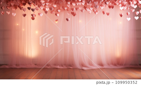 A warm and inviting scene featuring a cascade of heart shaped balloons against a sheer peach toned curtain backdrop. Generative AI 109950352