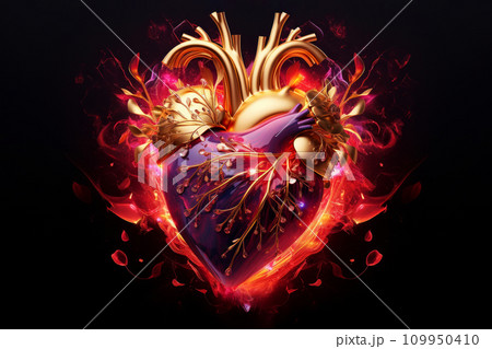 Anatomical heart model with vibrant red arteries and neon metallic elements glowing on black background. Generative AI 109950410