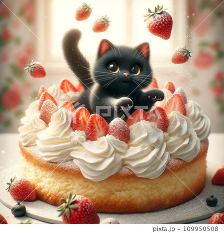 誕生日ケーキのホールにダイブする子猫 109950508