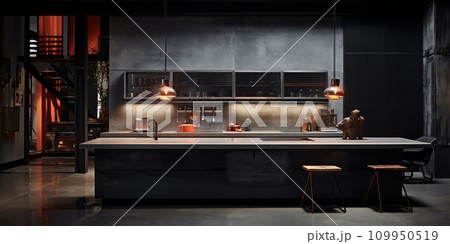 An industrial style modern kitchen with grey walls and stone counter tops, AI Generated 109950519