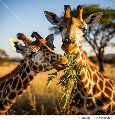 Two giraffes eating leaves from a tree. AI Generated. Two giraffes eating leaves from a tree. AI Generated. 109950567