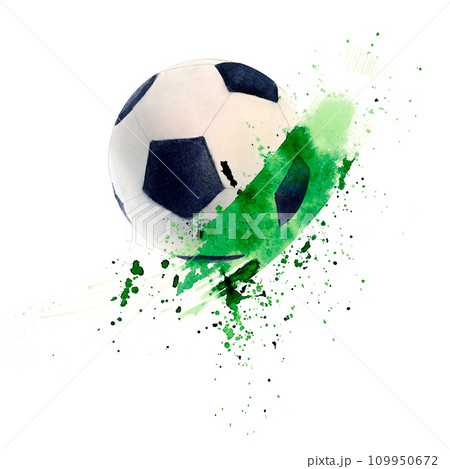 Soccer football ball and green spot watercolor drawing. Drops blot and pentagon picture isolated on white background. Sport gear for training and stadium tournament. Leather equipment aquarelle paint Soccer football ball and green spot watercolor drawing. Drops blot and pentagon picture isolated on white background. Sport gear for training and stadium tournament. Leather equipment aquarelle paint 109950672