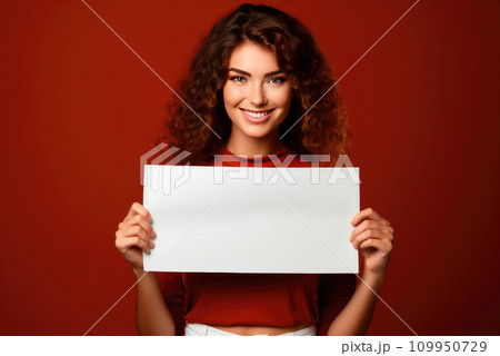 Curly haired happy smiling young woman holds in her hands a blank blank sheet of white paper for copy space Curly haired happy smiling young woman holds in her hands a blank blank sheet of white paper for copy space 109950729