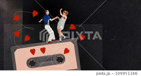 Happy couple, young woman and man dancing on retro music cassette over black background. Contemporary art collage. Happy Valentine's day 109951166