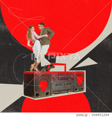 Beautiful young woman and man dancing on retro music player over bright background. Contemporary art collage. Happy Valentine's day Beautiful young woman and man dancing on retro music player over bright background. Contemporary art collage. Happy Valentine's day 109951204