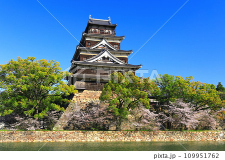 【広島県】桜が満開の広島城天守閣 109951762