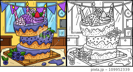 Birthday Cake Coloring Page Colored Illustration Birthday Cake Coloring Page Colored Illustration 109952339