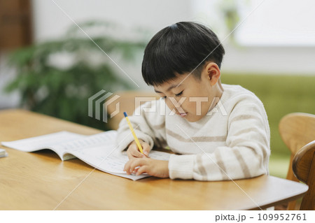 算数ドリルをする小学1年生の男の子 算数ドリルをする小学1年生の男の子 109952761