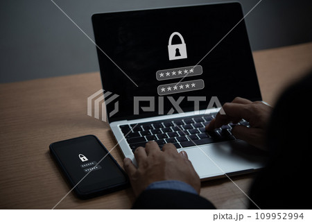 Laptop and Mobile Phone with Encryption, Key Lock, and Password. Digital Security Protection Privacy Information Online protect data, devices, and networks communication 109952994