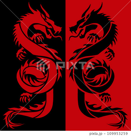 向かい合う赤い龍と黒い龍のシルエット 109953259