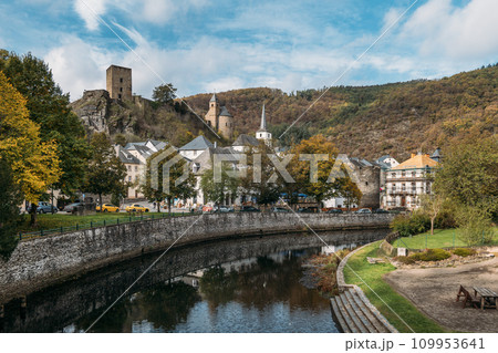 Ruins of medieval Esch-sur-Sure castle in Sauer River valley Ruins of medieval Esch-sur-Sure castle in Sauer River valley 109953641