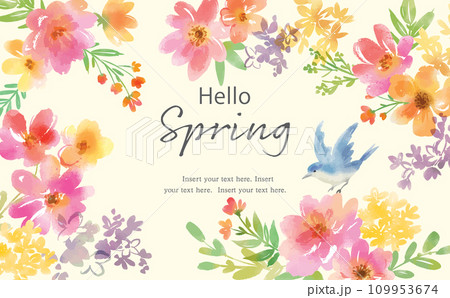 青い鳥とカラフルな草花の背景用イラスト 109953674