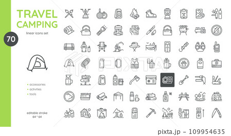 Outdoor Activity and Camping Vector Icons Set - Tents, Wildlife, Trails, Campfires, and Equipment. Editable Linear Collection Including GPS, Thermos, Raincoat, Hiking Gear, Smores and Travel Furniture Outdoor Activity and Camping Vector Icons Set - Tents, Wildlife, Trails, Campfires, and Equipment. Editable Linear Collection Including GPS, Thermos, Raincoat, Hiking Gear, Smores and Travel Furniture 109954635