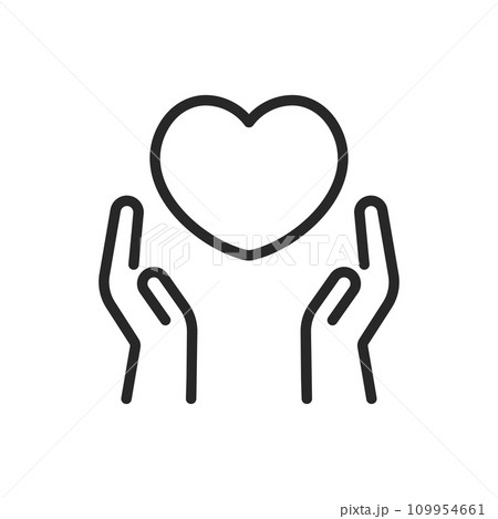 Hands Holding Heart Icon - Linear Vector Pictogram of Care and Compassion, Gesture of Love and Kindness, Supportive Charity and Affection Emblem 109954661