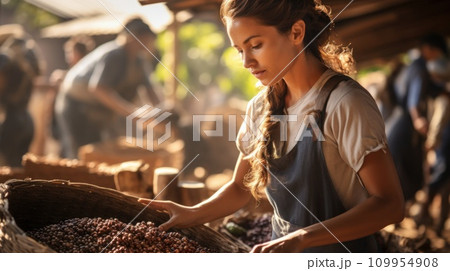 AI-generated content. Woman, farmer worker picking, sorting coffee beans into basket. Coffee plantation, arabica and Robusta coffee sorts AI-generated content. Woman, farmer worker picking, sorting coffee beans into basket. Coffee plantation, arabica and Robusta coffee sorts 109954908