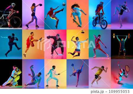 Creative collage, mosaic made of portraits of athletic people professional sportsman training in mixed neon light against multicolored gradient background. Sport and active lifestyle. 109955053