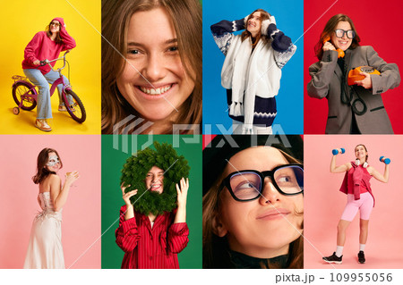 Horizontal collage made of portrait of cheerful young girl in different fashion style clothes over multicolored backgrounds. 109955056