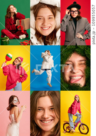 Vertical collage made of portrait of cheerful young girl in different fashion style clothes over multicolored backgrounds. Concept of active lifestyle and happiness. Vertical collage made of portrait of cheerful young girl in different fashion style clothes over multicolored backgrounds. Concept of active lifestyle and happiness. 109955057