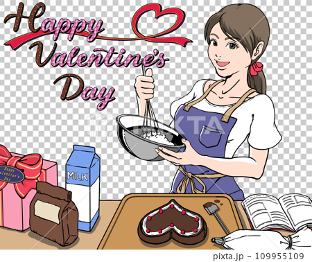 バレンタインデーにプレゼントするチョコを手作りする若い女性_笑顔ロゴあり 109955109
