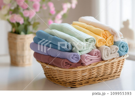 Clean towels inside a wicker laundry basket. Bath towels of different colors. 109955393