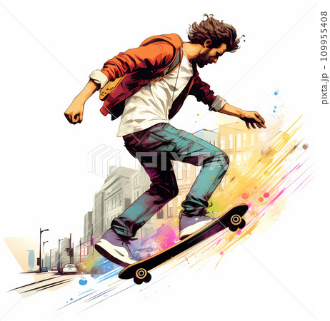 Young man making tricks on skateboard. Skateboarding extreme sport. Illustration 109955408