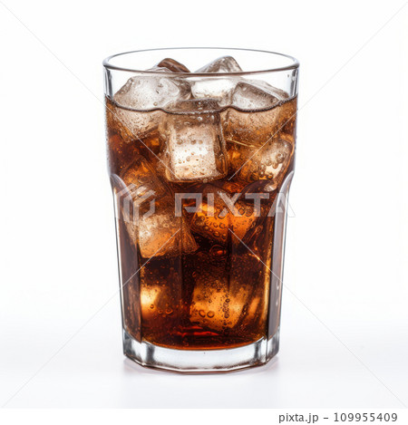 Soda glass with ice cubes. Cold brown drink in transparent glass isolated on white background Soda glass with ice cubes. Cold brown drink in transparent glass isolated on white background 109955409
