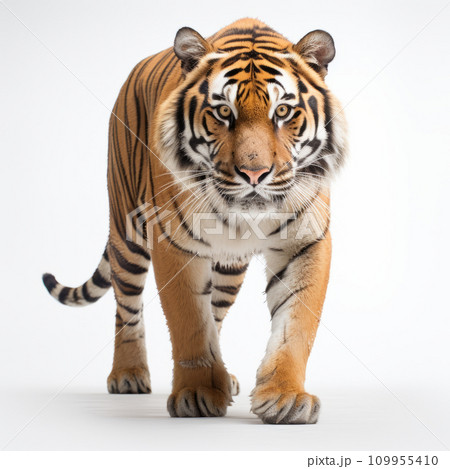 Male bengal tiger walking in front of a white background. 109955410