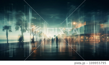 AI-generated content. Blurred view of a street with palm trees. Neural network AI generated art 109955795