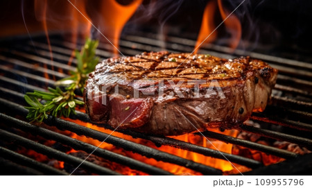 AI-generated content. Grilled meat steak on stainless grill depot with flames. Neural network AI generated art 109955796