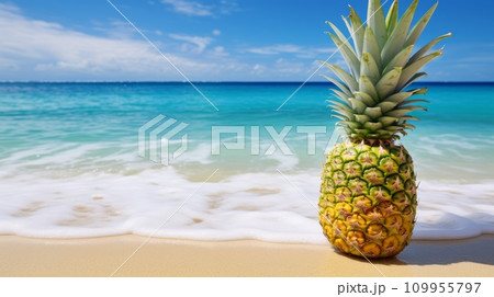 AI-generated content. Summer background with pineapple on the seashore. Neural network AI generated art 109955797