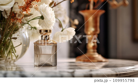 AI-generated content. Elegant perfume bottle and roses. Neural network AI generated art 109955798
