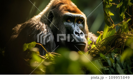AI-generated content. A silverback mountain gorilla in a rainforest. Neural network AI generated art 109955849