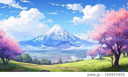 AI-generated content. Mountains and cherry blossoms. Anime style landscape. Neural network AI generated art 109955850