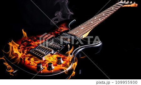 AI-generated content. Guitar in flames on a black background. Neural network AI generated art 109955930