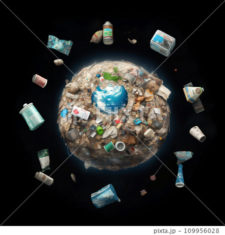 Earth densely covered in garbage, with various types of waste floating in space around it 109956028