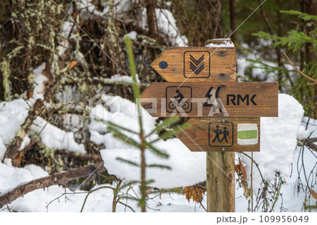 Hand-made wooden sign with directions RMK Estonian-Latvian border tourist trails 109956049