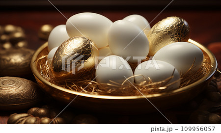 AI-generated content. Easter eggs, white and golden, in a golden plate on a dark brown table 109956057