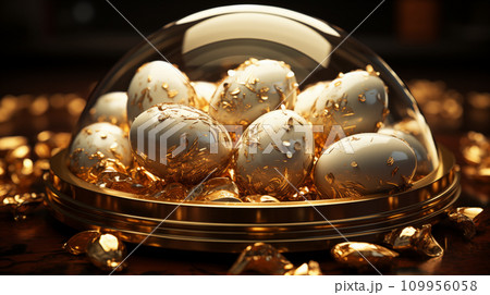 AI-generated content. Luxurious Easter eggs, with gold, in a golden plate under a glass dome, stand on a dark brown table 109956058