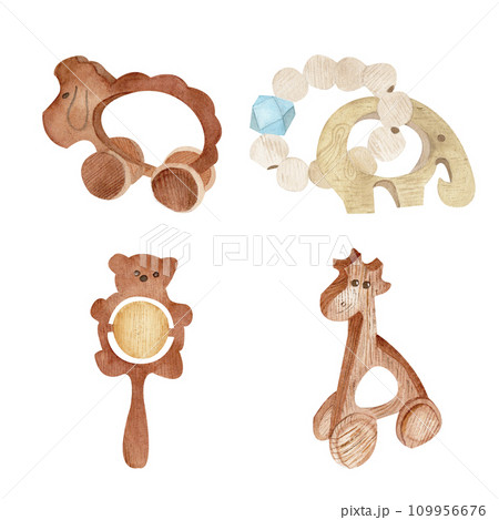 A hand-drawn watercolor illustration with wooden toys highlighted on a white background: a sheep, a rattle bear, an elephant, a giraffe. The elements are ideal for stickers, logos, postcards. A hand-drawn watercolor illustration with wooden toys highlighted on a white background: a sheep, a rattle bear, an elephant, a giraffe. The elements are ideal for stickers, logos, postcards. 109956676