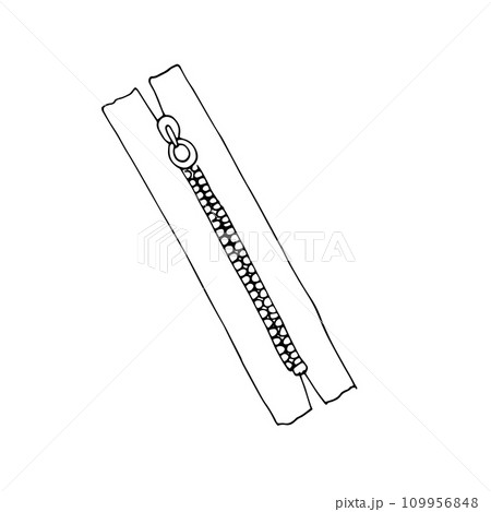 Hand-drawn zipper closure close-up. Zipper outline.  Vector illustration Isolated on a white background. 109956848