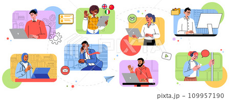 PC person. People work with tablet and computers. Internet communication. Business process. Employee at laptop. Office workplace. Businessman calling by smartphone. Data CRM soft. Vector concepts set 109957190